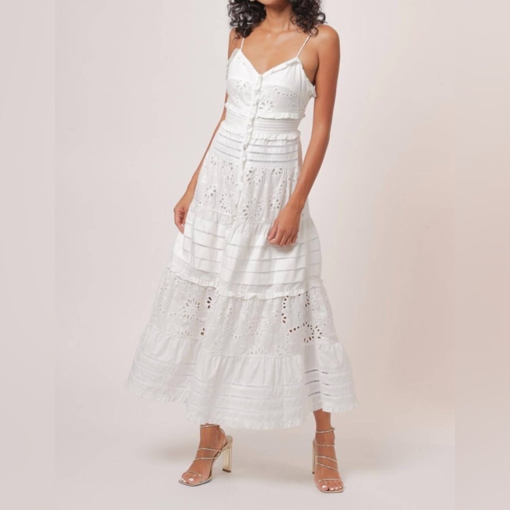 NWT Revolve Line and Dot Pixie Eyelet Maxi Dress White Sleeveless Ruffled Trim